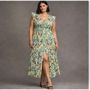 Anthropologie Peregrine Midi Dress 1X Green Floral Tiered Boho Cottagecore